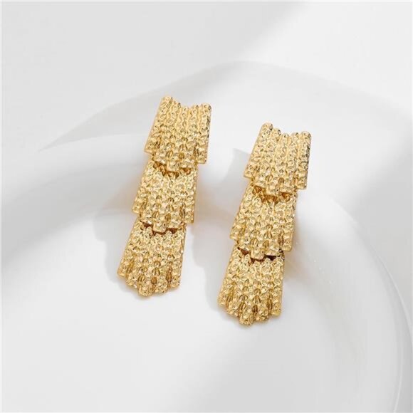 Chunky 14K Gold Plated Hammered Earrings โ Lightweight Brass Dangle Drop Earring - Picture 4 of 5